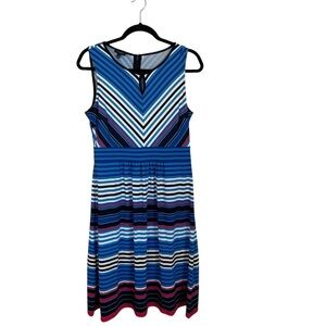 Talbots Women’s Sleeveless V-Neck Keyhole Blue White & Red Stripe Dress Sz M NWT